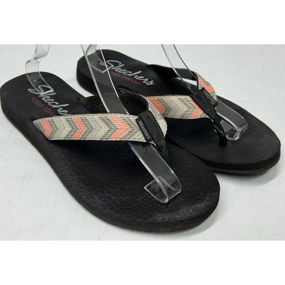Skechers Yoga Foam Sandals flip flops Womens 10.5 Brown Gray Coral Chevron - Picture 2 of 9